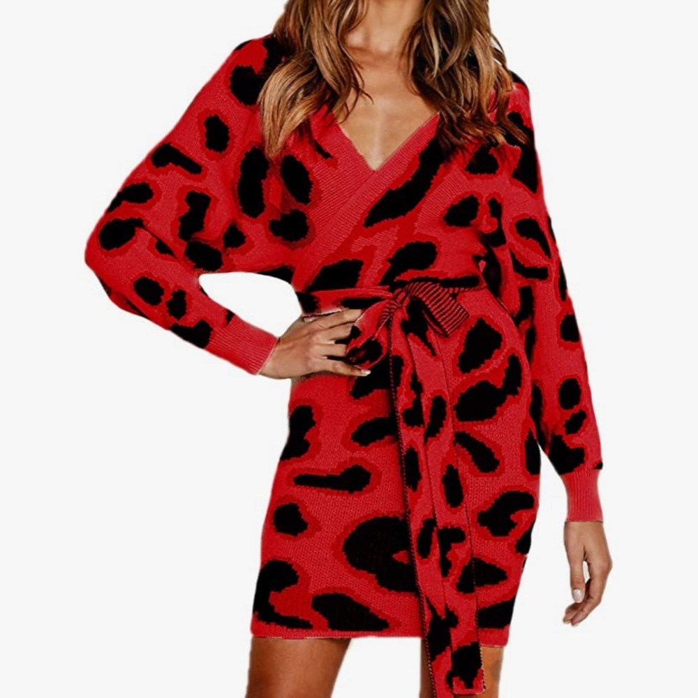 Red and black leopard print wrap dress.
